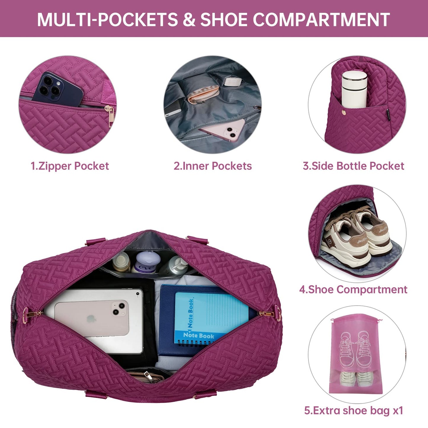Duffle Bag for Travel, Weekender Bag with Shoe Compartment, Carry On Overnight Bag for Women with Toiletry Bag, Gym Bag with Wet Pocket, Hospital Bags for Labor and Delivery Purplish Red