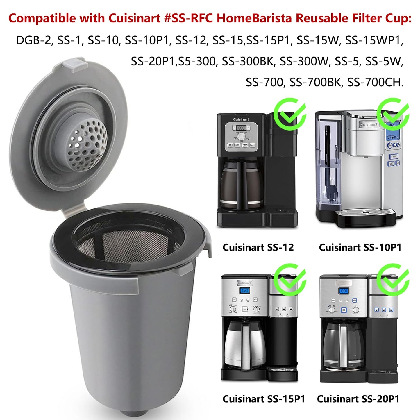Reusable Filter Cup for Cuisinart，Compatible with SS-RFC Single Serve Brewer Coffe Maker (1 Pack with 2 Mesh Filters)
