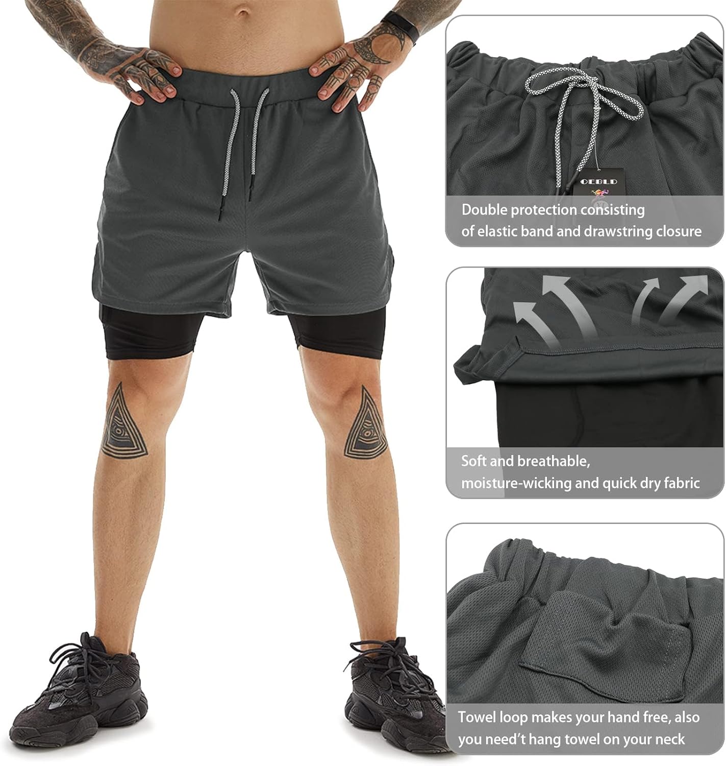 OEBLD Men's 2-in-1 Athletic Shorts - 7'' Gym & Running Shorts with Towel Loop