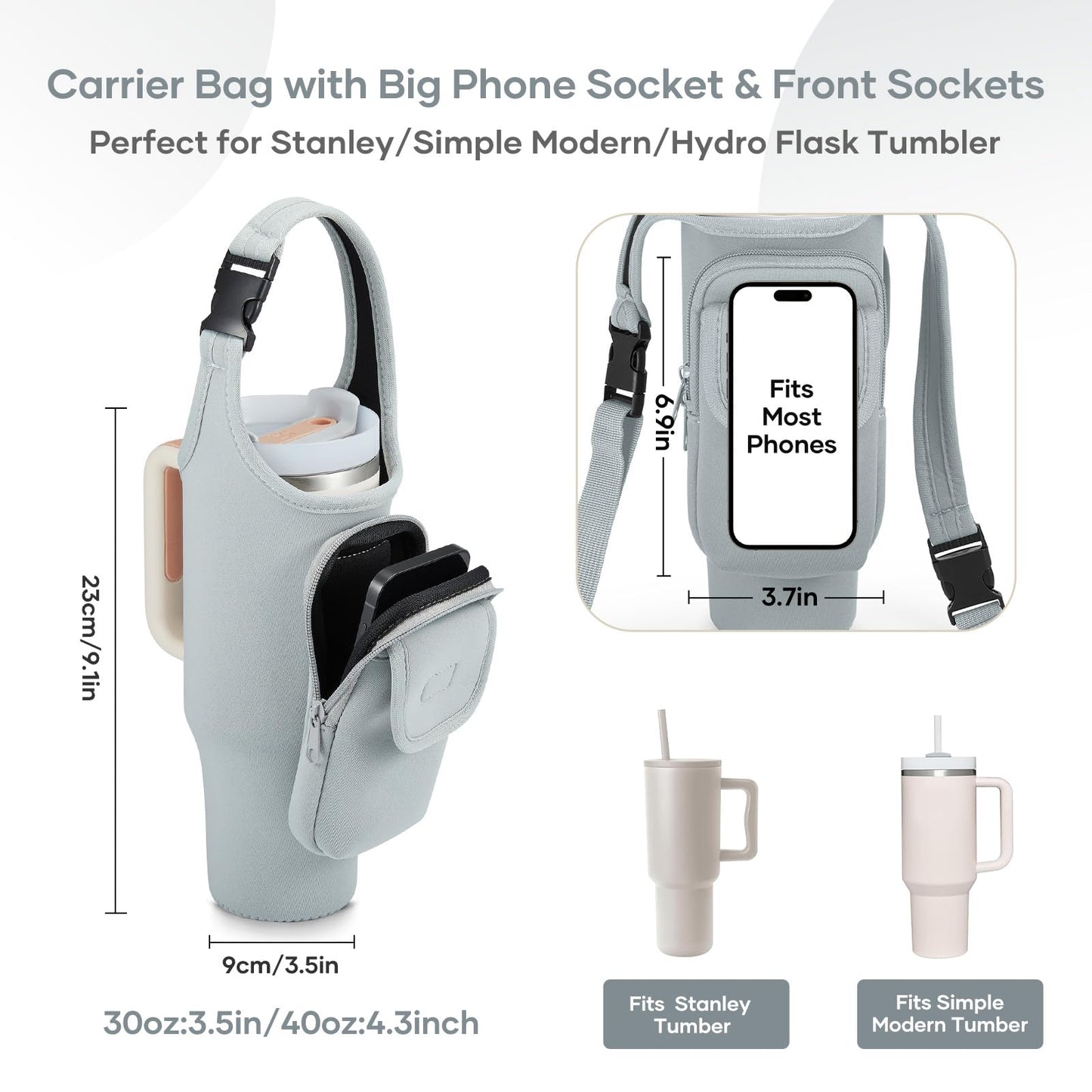 Bufilea Carrier Bag with Phone Holder Pockets for Stanley 40/30oz Tumbler with Handle, Insulated Neoprene Crossbody Bag Cup Holder w/Shoulder & Handheld Straps Fits Stanley Cup Accessories