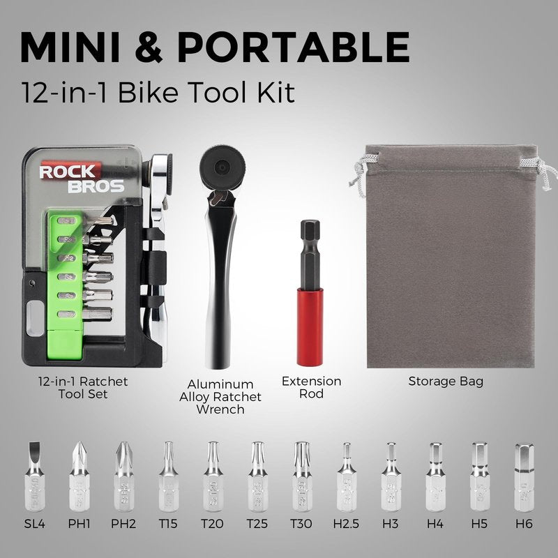 ROCKBROS Bike Tool Kit, Mini Bike Multitool, 12-in-1 Portable Bike Repair Kit, Durable Mini Ratchet Set, Maintenance Accessories for Ebike Road Mountain Bike Travel & Home (1)