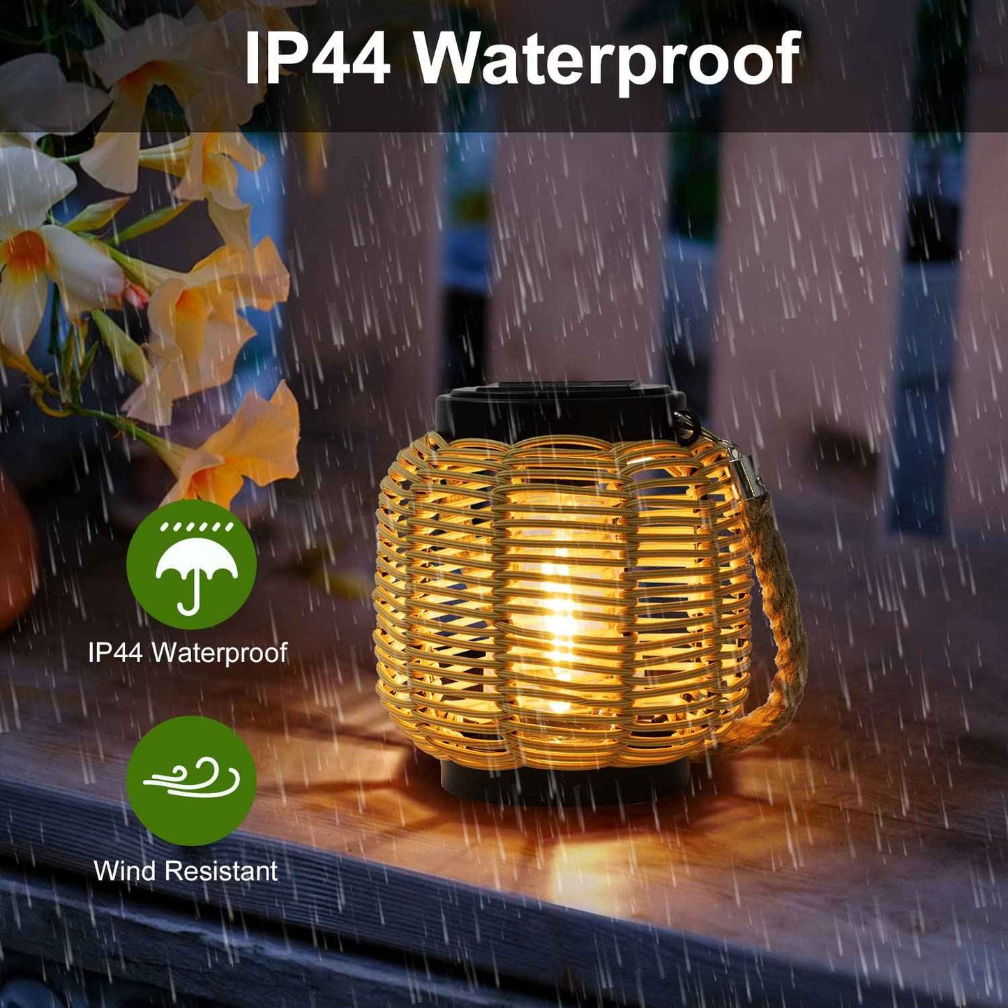 Livinlarge Solar Rattan Lantern with Twine Handle - Outdoor Waterproof Solar Lanterns for Table, Deck, Yard, Patio, Walkway, Porch & Home Decor