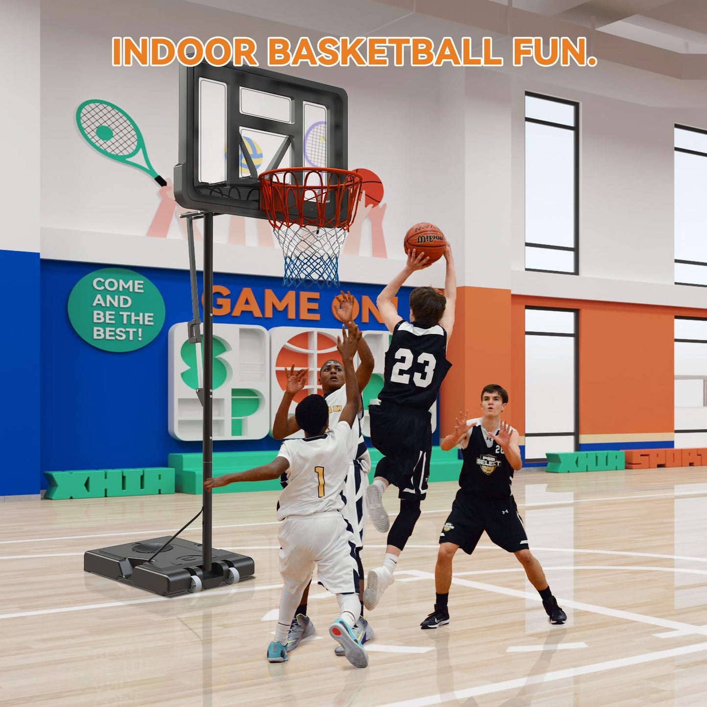 GORISE Basketball Hoop Outdoor, 7.7-10ft Height Adjustable, Portable Basketball Hoop & Goal with Fillable Base & 2 Wheels, 44"×30" Backboard for Backyard/Driveway/Indoor, Large