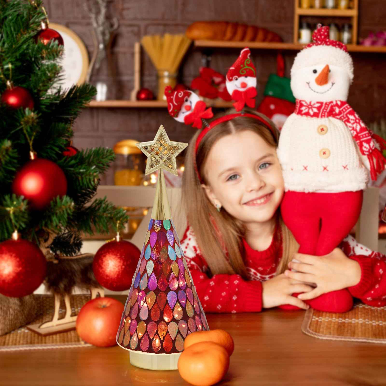 Small Red Glass Christmas Trees, 3 PCS Handmade Mosaic Glass Table top Christmas Trees with Light, Battery Operated Xmas Tree for Bedroom Decor 11"