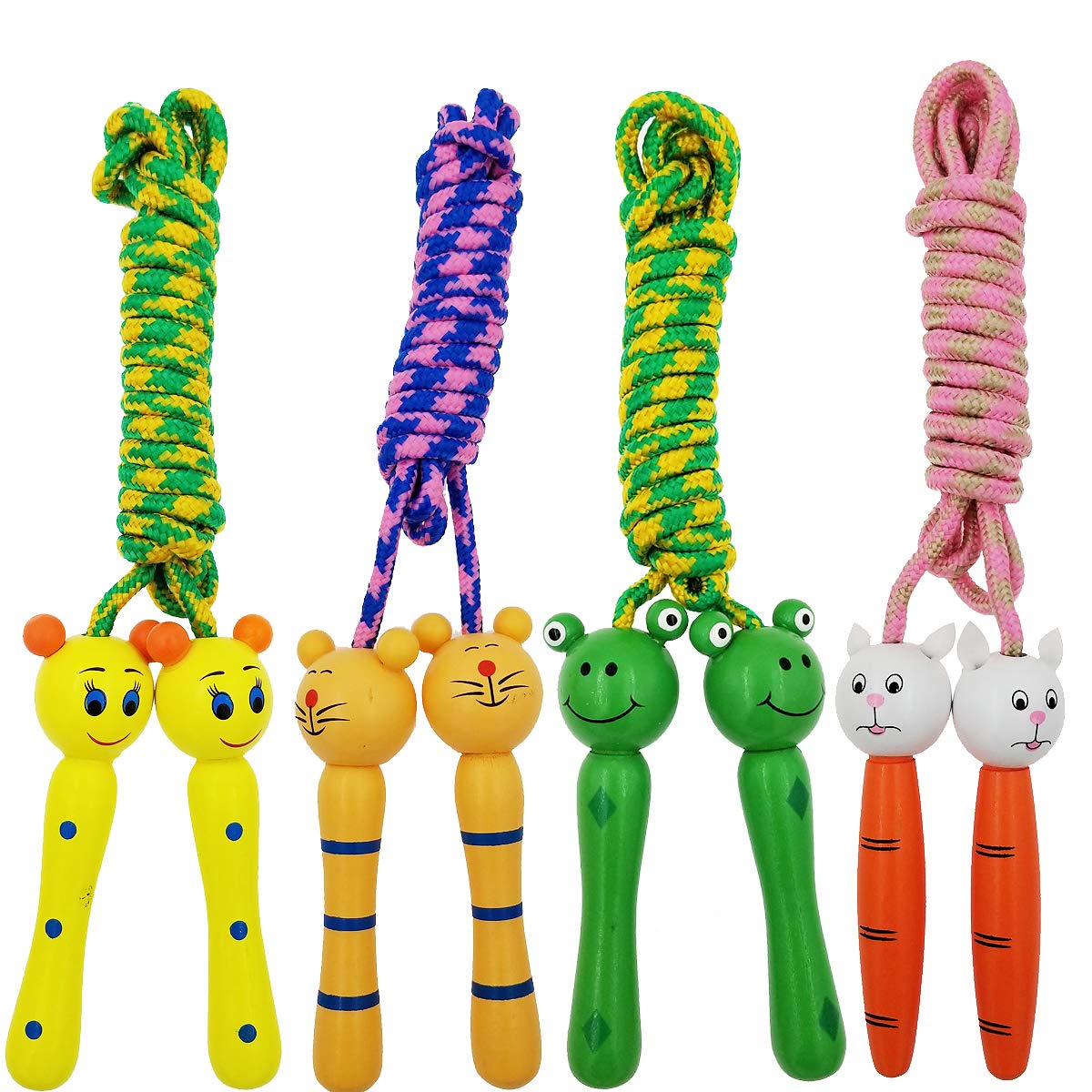 4 Pack Jump Rope with Wood Handles for Kids - Skipping Rope Great for Children and Students Outdoor Fun Activity, Party Favor, Recreation and fitness Keeping Fit.