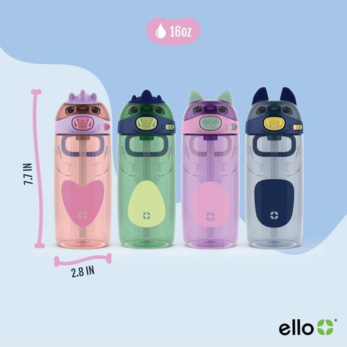 Ello Ellies 16oz Plastic Kids Water Bottle with Straw and Built-in Carrying Handle and Leak-Proof Locking Lid for School backpack, Lunchbox and Outdoor Sports, Cat