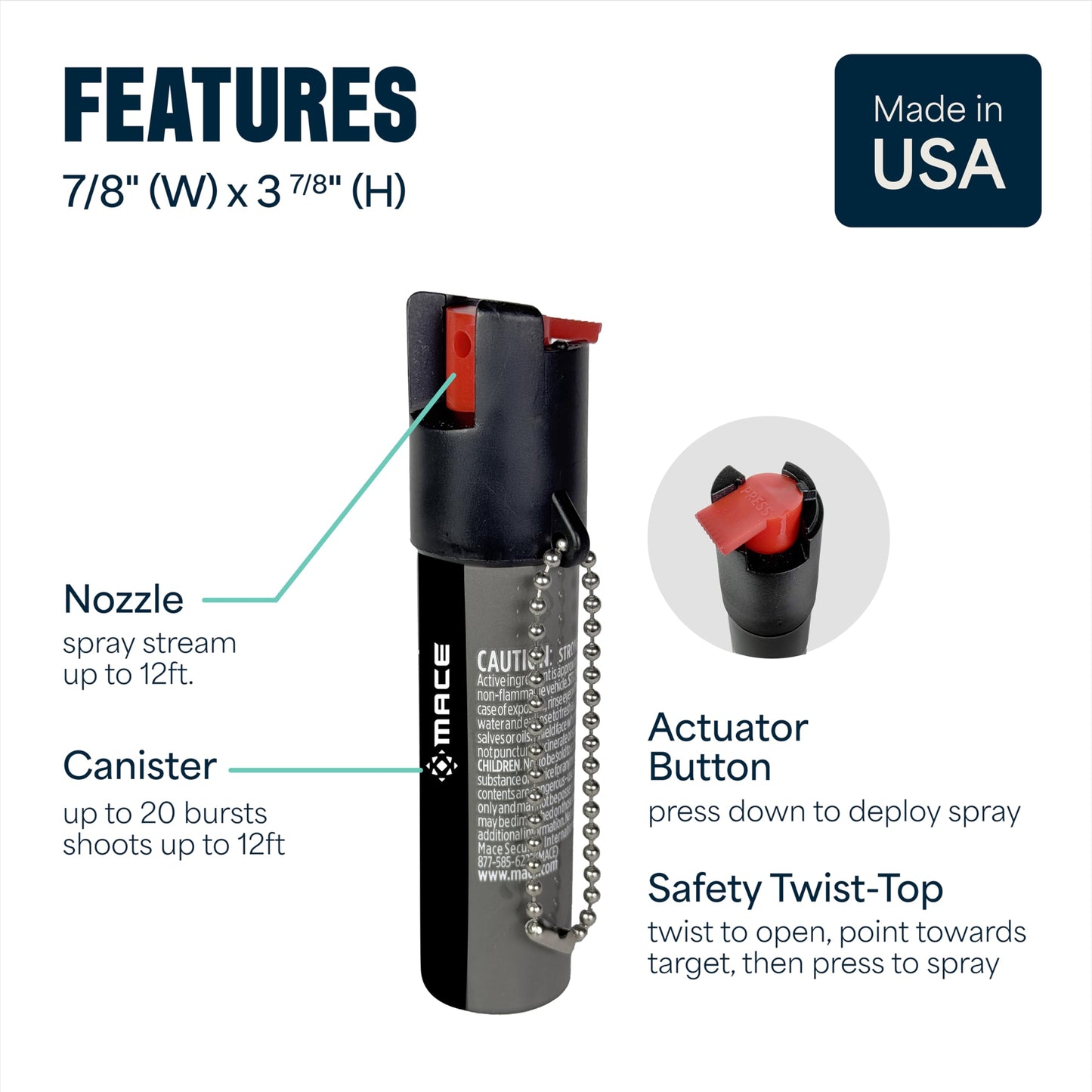 Mace Pepper Spray - Twist Lock Model, 0.63 oz, 12 Feet Range, Max Police Strength, Long Lasting UV Dye, Leakproof Design, Self Defense Pepper Spray for Women & Men - Gray