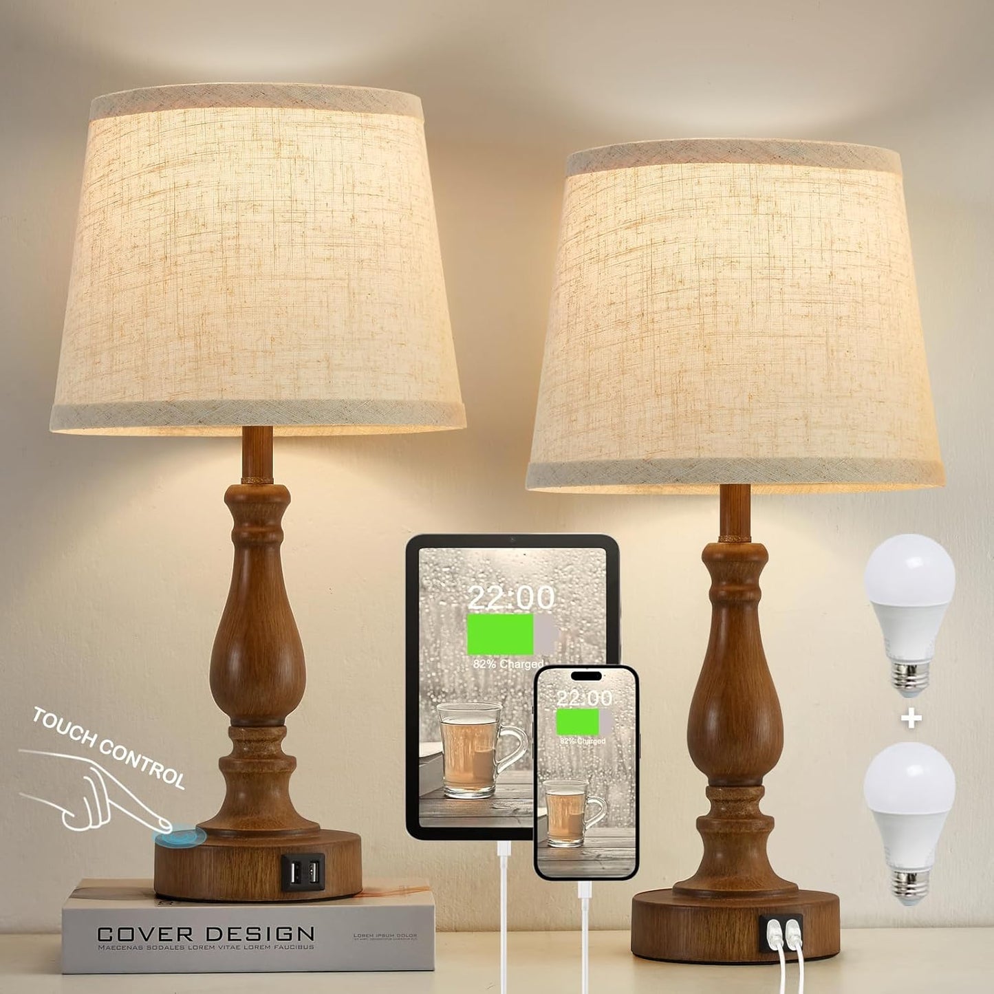 Touch Bedside Table Lamps Set of 2 with USB C+A Ports - 3-Way Dimmable Linen Shade