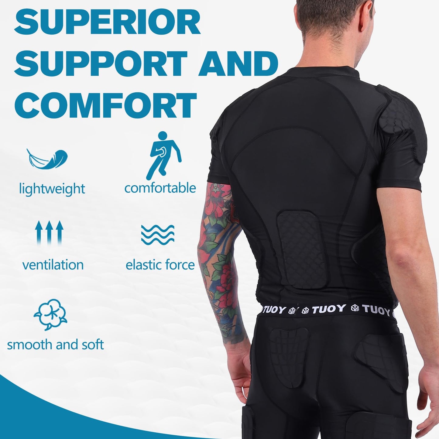 TIAXU TIAXU Men's Padded Shirt Football Chest Rib Protector Heart Sternum Guard Compression Shirt with Shoulder Back Rib Pads for Adult Football Basketball Baseball Softball Rugby