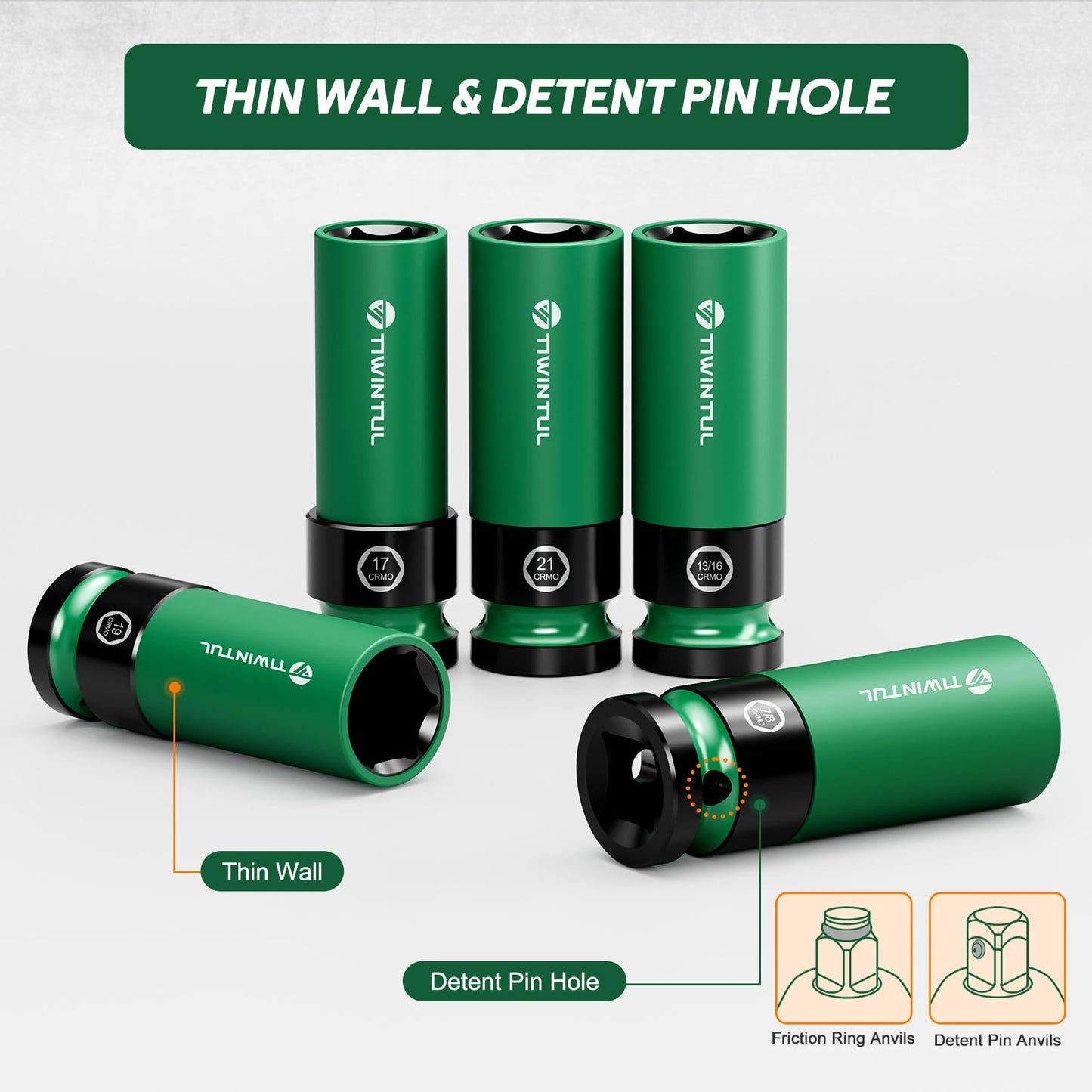 TIWINTUL 1/2" Wheel Protector Impact Socket Set, 5Pcs Non-Marring Lug Nut Socket Set, CR-MO Steel, 6-Point Thin Wall Deep Socket Set, Color-Coded Protective Sleeves- Metric 17 19 21 mm, SAE 13/16 7/8"