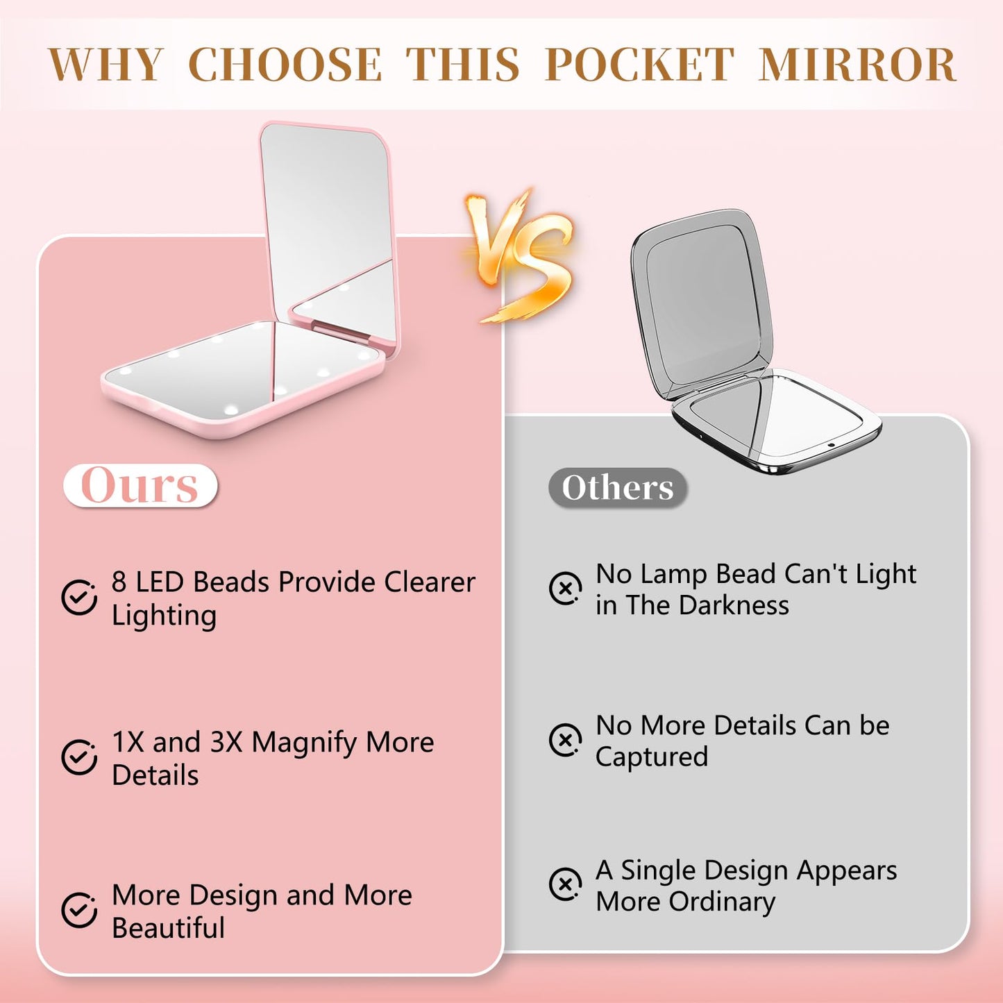 Kakuje Compact Mirror, 1X/3X Magnification LED Pocket Mirror with Nternal BIattery, Mini Mirror for Purse, Pocket,Travel and Present (Pink)