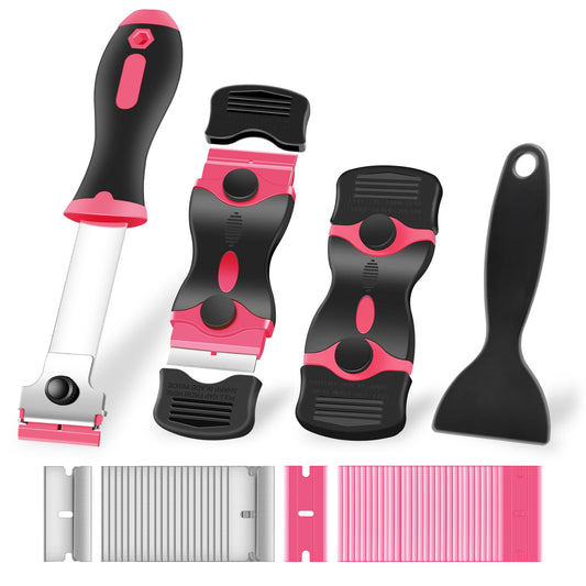 NECAMOCU 4 Pack Razor Blade Scraper, Premium Cleaning Scraper Tool with 50 PCS Metal & Plastic Razor Blades, Multi-Purpose Glass Scraper for Windows, Sticker, Decals, Cooktop, Paint Removal (Pink)