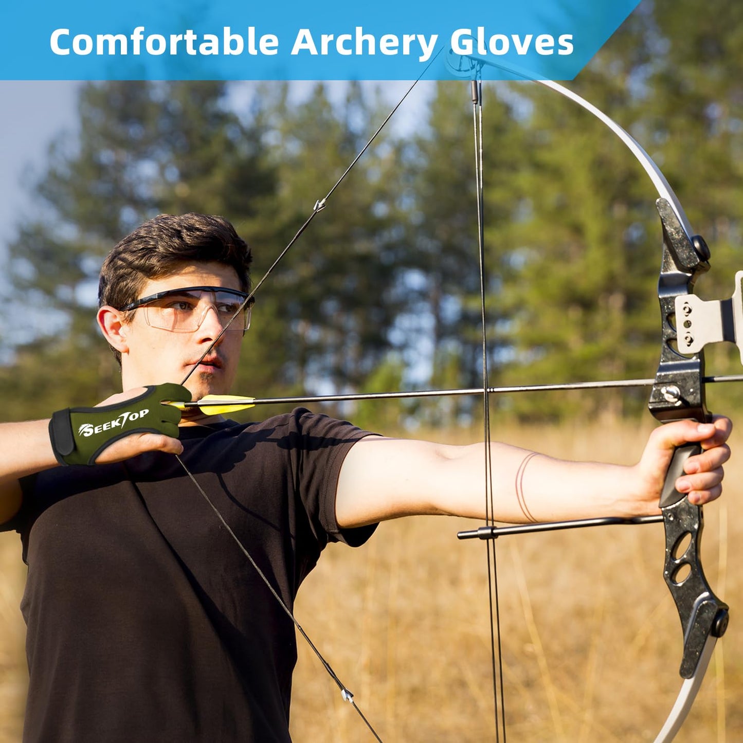 Seektop Archery Gloves Shooting Hunting Leather Three Finger Protector for Youth Adult Beginner (Green, L)