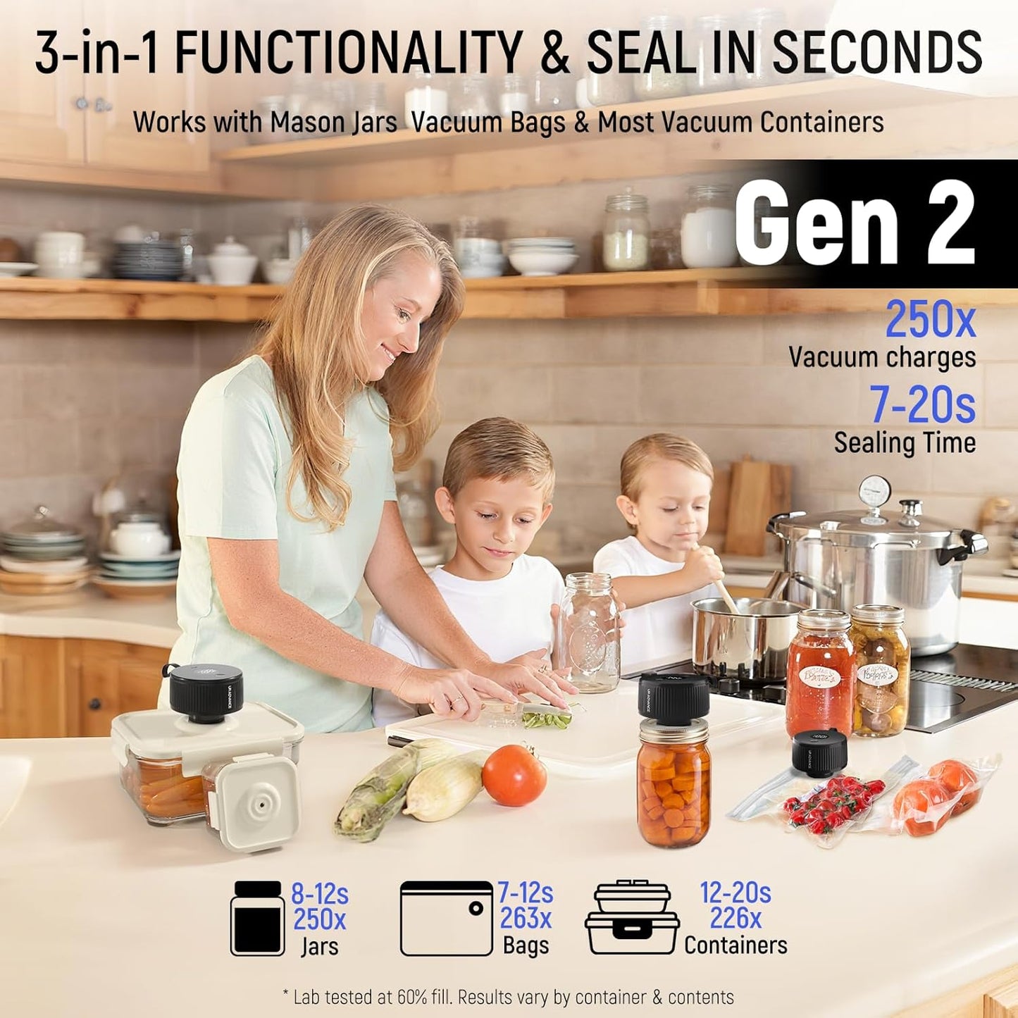 Skiennix 3-in-1 Electric Mason Jar Vacuum Sealer Kit - Auto-Stop Design, 4-Hour Battery Life | Ideal for Jars, Bags & Leftovers