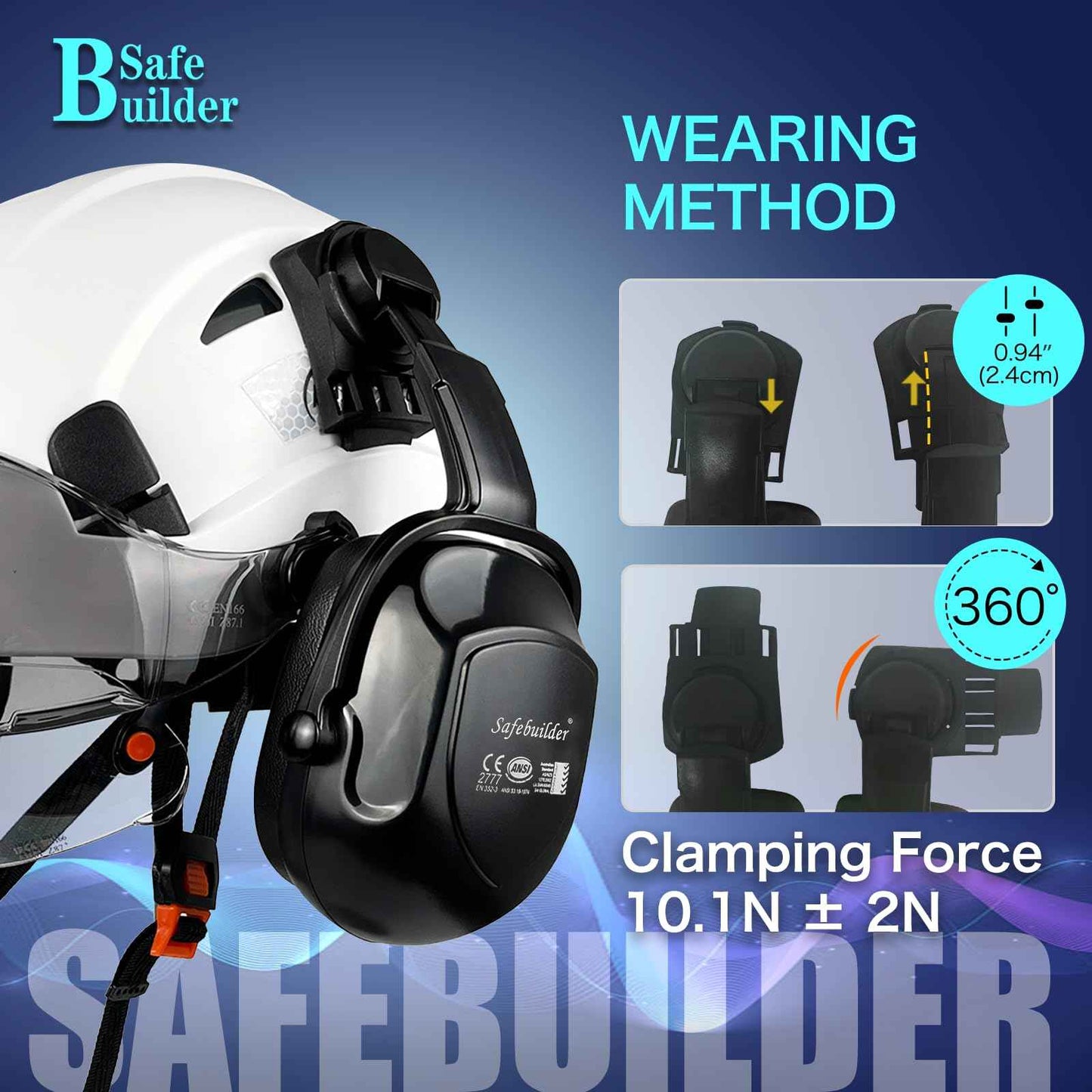 SAFEBUILDER 30dB Ear Muffs Hard Hats Type Safety Earmuffs For Safety Helmet Noise Cancelling Earmuffs Noise Reduction (Helmet Type Black 07E Ear Muffs)