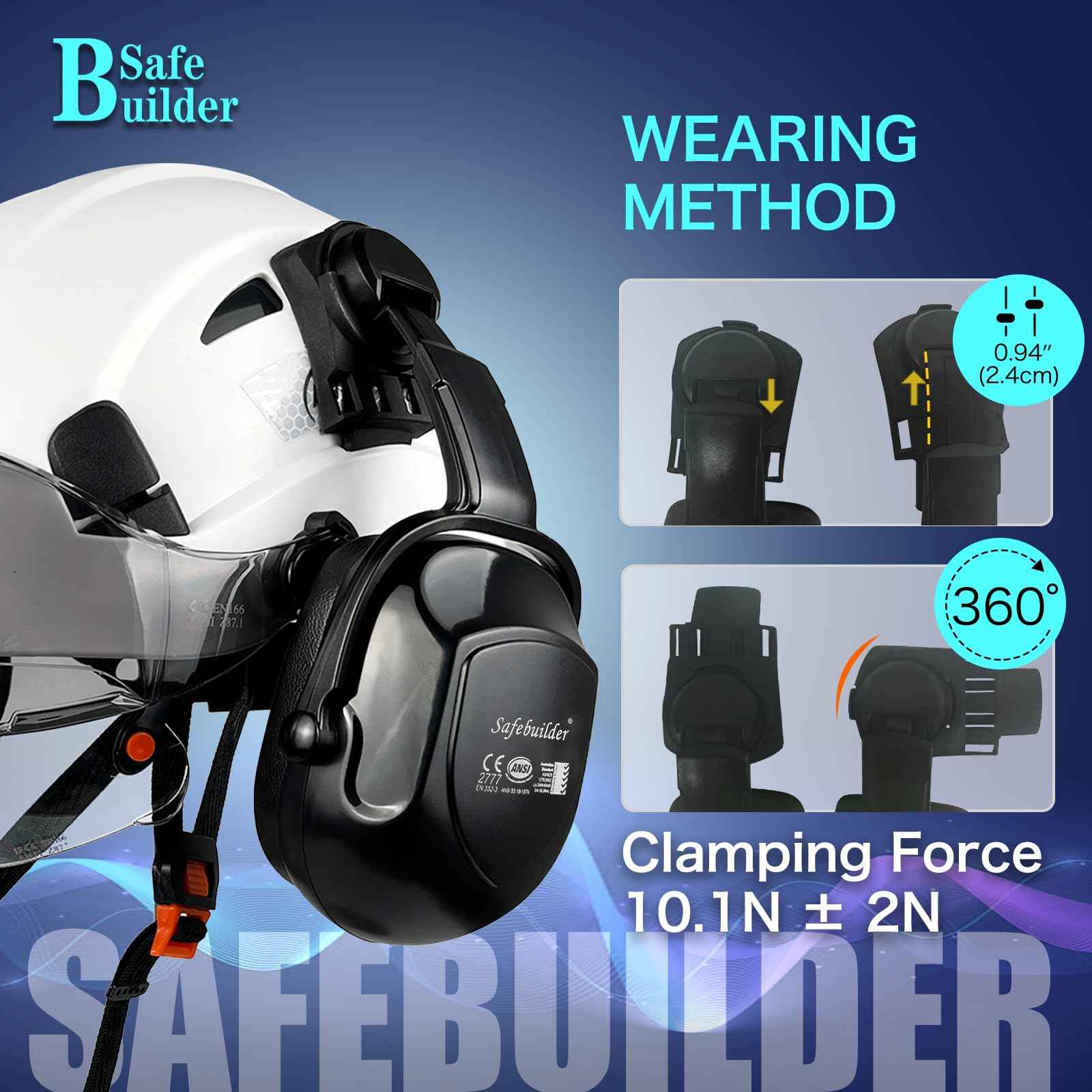 SAFEBUILDER 30dB Ear Muffs Hard Hats Type Safety Earmuffs For Safety Helmet Noise Cancelling Earmuffs Noise Reduction (Helmet Type Black 07E Ear Muffs)