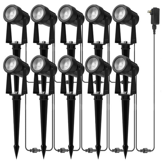 Banord Outdoor Landscape Lighting, 10 Pack Low Voltage LED Spot Lights with Transformer, IP65 Waterproof, 2700K Warm White for Yard, Garden, Lawn, Plants