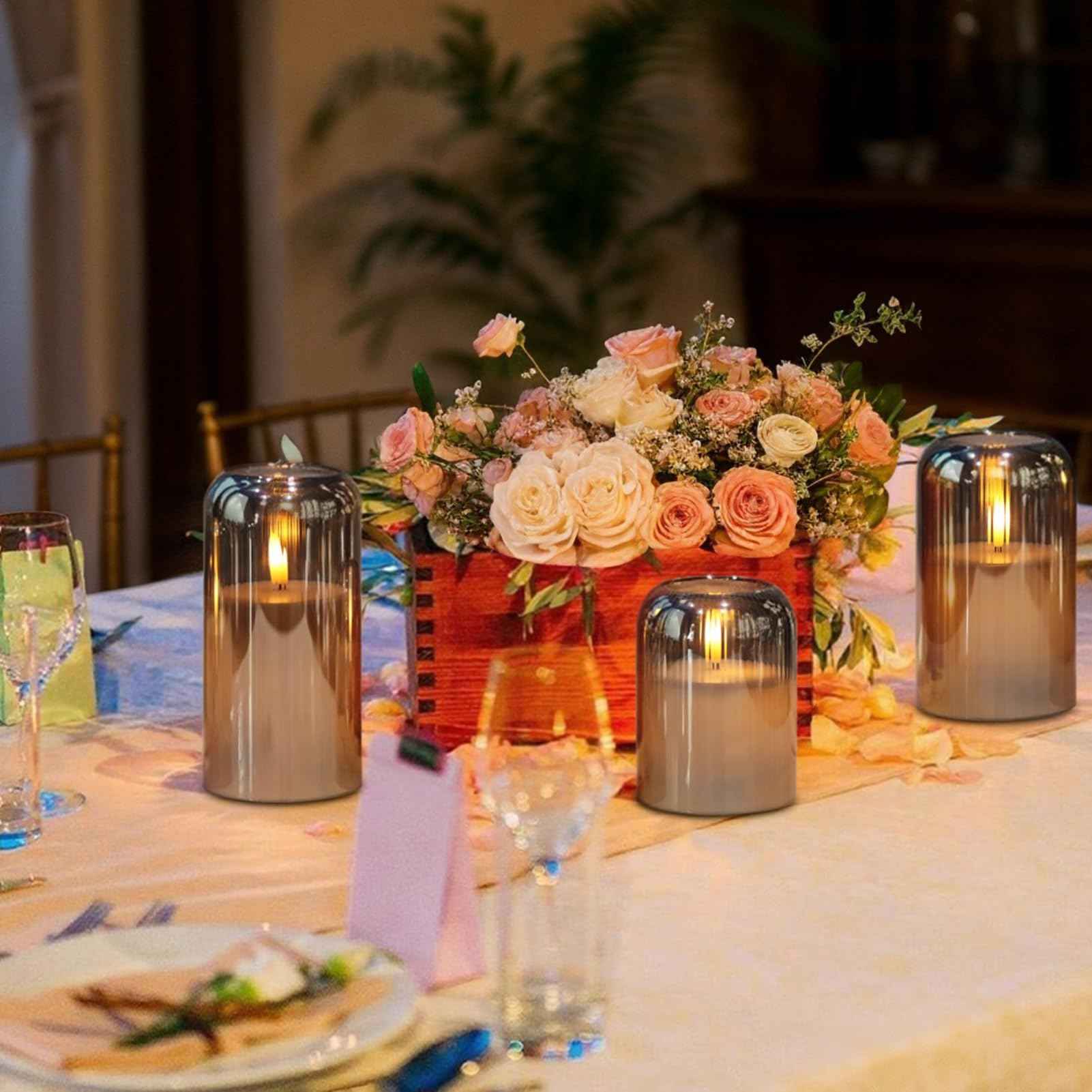 Eldnacele Black Glass Flameless Candles with Remote and Timer, Battery Operated 3D Wick Flickering LED Pillar Candles for Dinner Wedding Holiday Decor (3Pcs, D3×H4/5"/6")