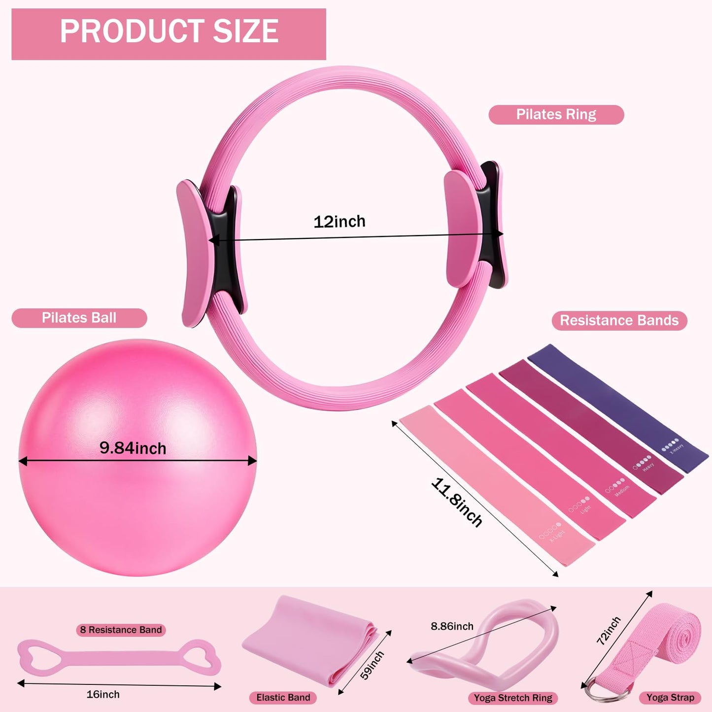 Floranis Pilates Essentials Kit at Home, Ring and Ball Pilate Workout Equipment Set for Women, Magic Circle with 5 Resistance Bands Premium Accessories Kits for Starter Toning Workouts