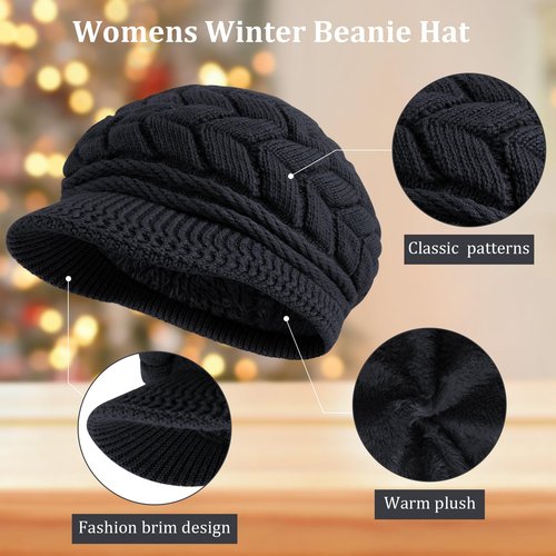 Loritta Womens Winter Beanie Hats Thick Warm Knitted Chunky Soft Slouchy Cap with Visor Brim,Khaki