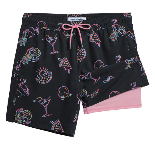 maamgic 2 in 1 Mens Swim Trunks 7 Inch Swim Shorts Swim Suits Board Shorts Party Night-Black Large