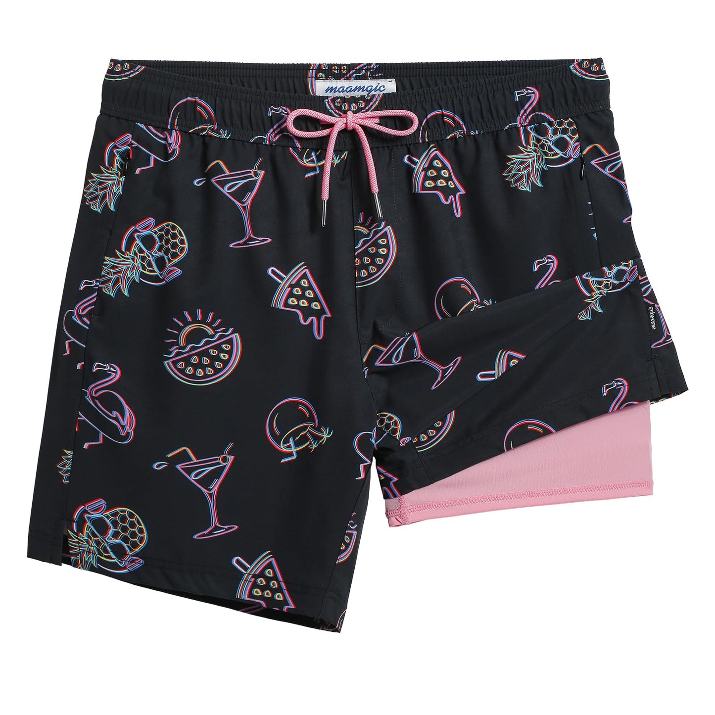 maamgic 2 in 1 Mens Swim Trunks 7 Inch Swim Shorts Swim Suits Board Shorts Party Night-Black Small