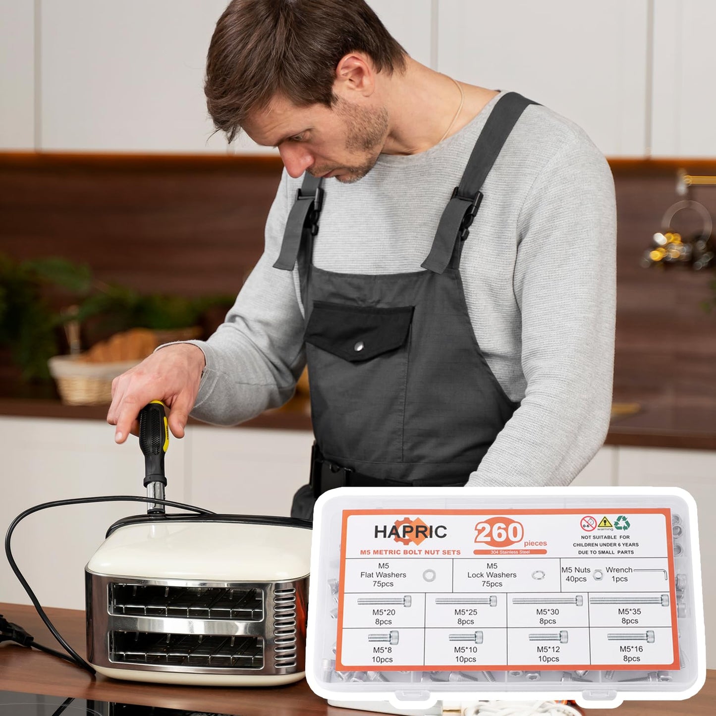 260 Pcs M5 Screws Assortment Kit, M5 Bolts Kit M5x 8/10/12/16/20/25/30/35mm, 304 Stainless Steel Hex Socket Head Screws Nuts Bolts and Washers Set