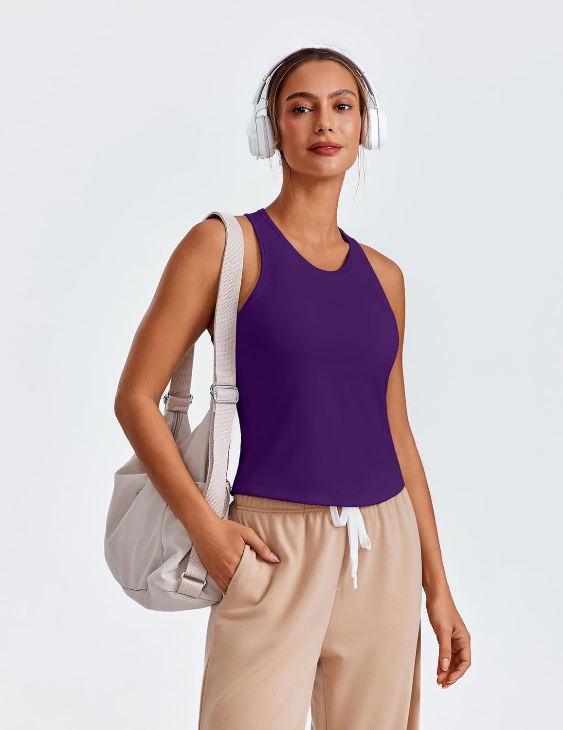 PINSPARK Workout Tops for Women - Racerback Tank with Built-In Bra | Waist-Length Yoga Shirt