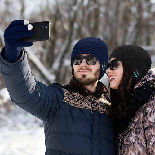 Honoson 4 Set Bluetooth Beanie Hat for Men Wireless Music Beanie with Gloves Winter Gift for Men Women Sports Winter Gift(Black, Navy)