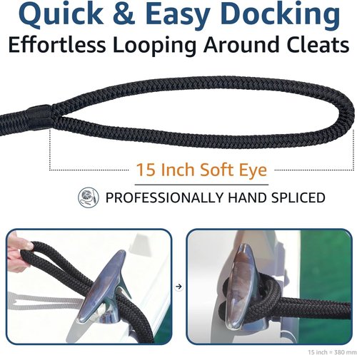Marine Grade Dock Lines by [Brand Name] - 3/4" x 15' Double Braided Nylon Boat Rope - High Strength, Easy Handling, Fray Resistant - Black (2 Pack)