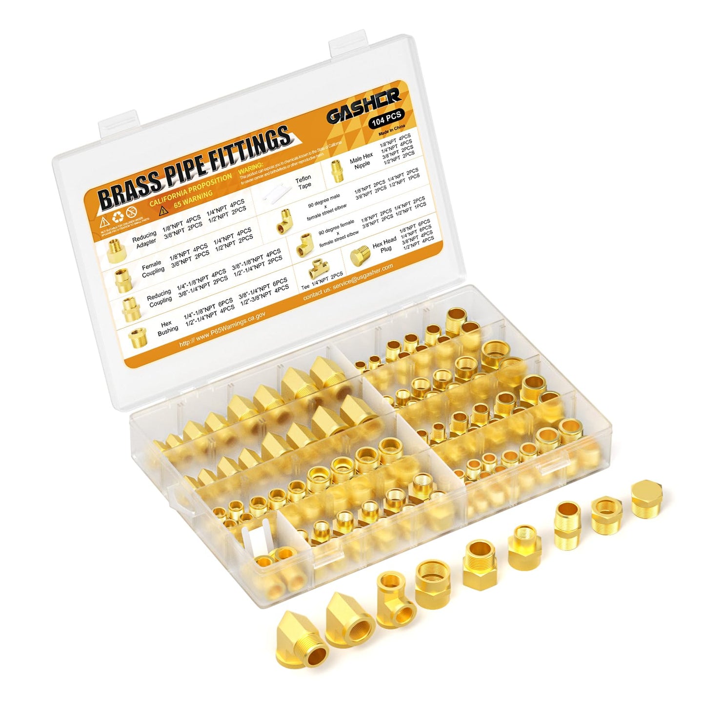 GASHER 104Pcs Brass Pipe Fittings Assortment Kit, Reducing Adapter, Hex Nipple, Female Coupling, Reducing Coupling, 90 Degree Barstock Street Elbow, Hex Bushing, Hex Head Plug and Tee Pipe Fitting