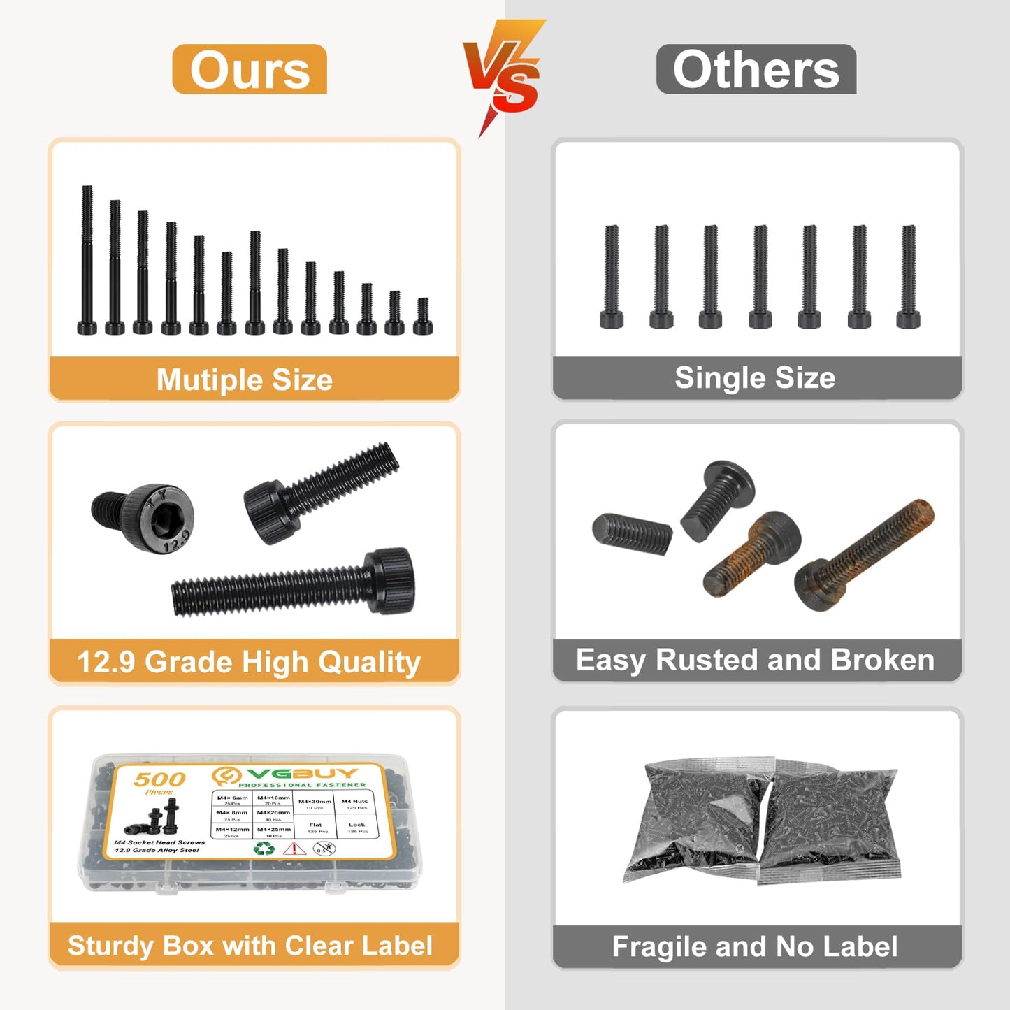 VGBUY 500Pcs M4 Screw Kit, Black M4 Screws (7 Sizes 6-30mm), Assorted Metric Nuts and Bolts Assortment Kit, Hex Socket Head Cap 6/8/12/16/20/25/30mm with Washer Nuts, 12.9 Grade