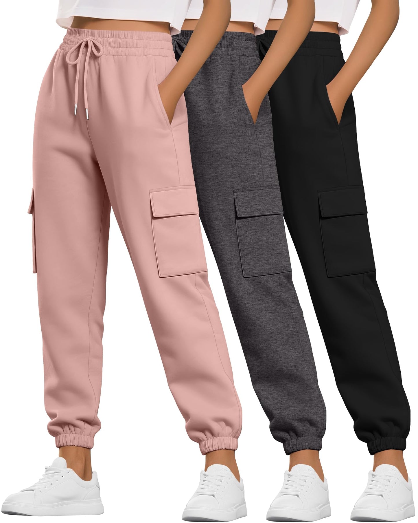 Neer 3 Pack Women's Cargo Sweatpants Joggers Pants Causal Gym Athletic Workout High Waist Bottom Y2k Fall Outfits with Pocket(Black, Dark Gray, Pink,Medium)