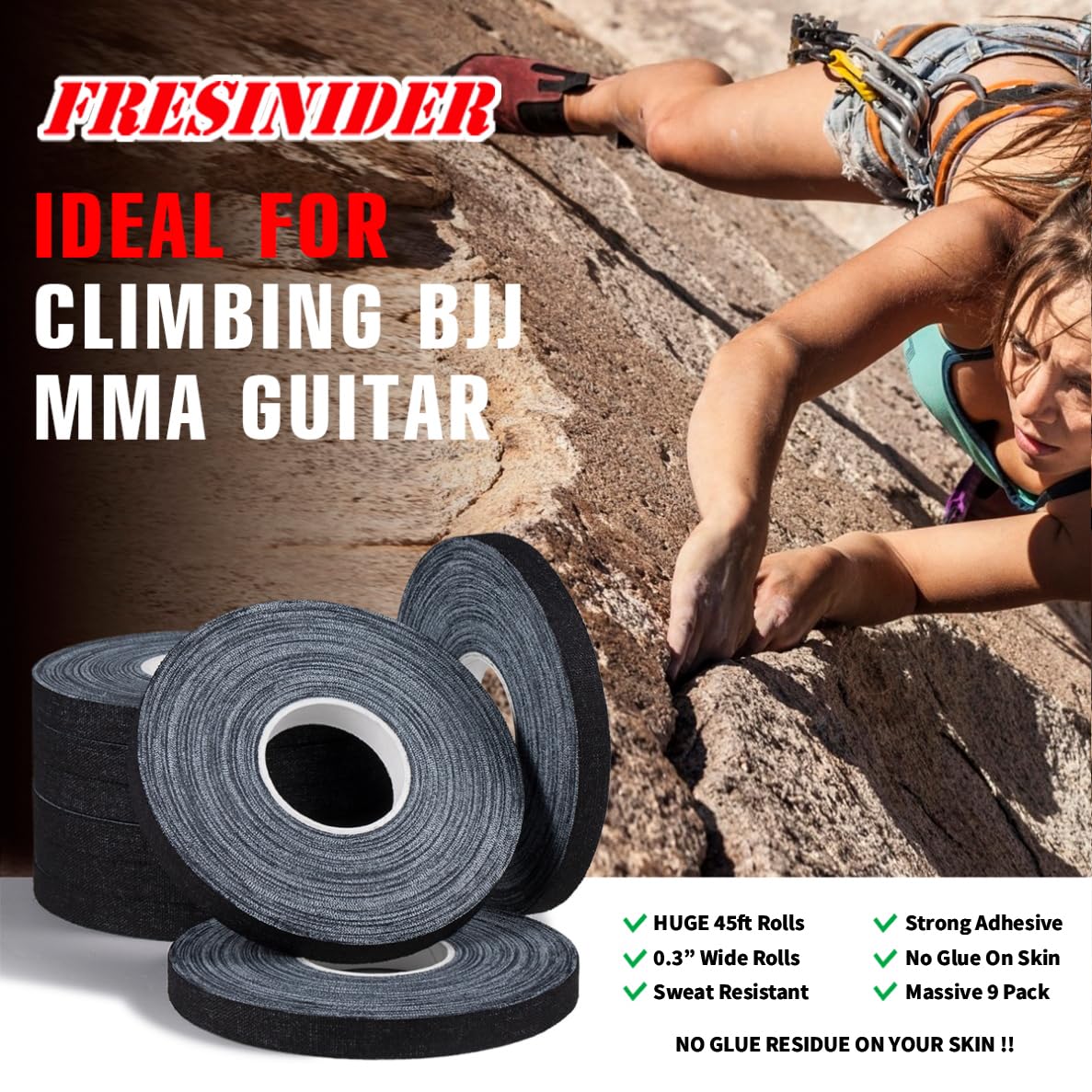 Finger Tape - Strong Athletic Tape | 0.3” x 45 Feet (9 Pack) Tin Set | No Sticky Residue | for Rock Climbing, BJJ Jiu Jitsu, Grappling, Judo, MMA, Rock Climbing and Martial Arts (Black)