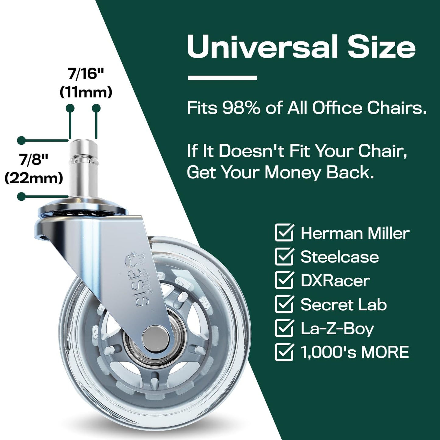 Original Rollerblade Office Chair Wheels - Smooth, Quiet Casters for Hardwood & Carpet - Easy Universal Fit - Set of 5