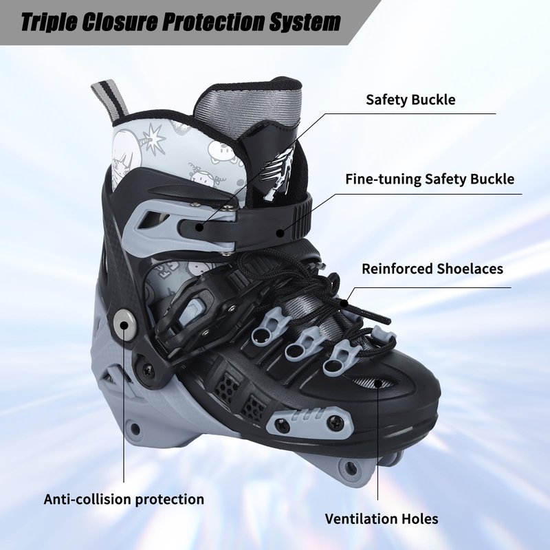 VEZLOPUS Inline Skates, 3 Wheels 100mm | 4 Sizes Adjustable Inline Speed Skates for Kids, Teens, Adults, Men, Women - Professional Outdoor Fitness Performance Inline Skates (BlackGrey M)