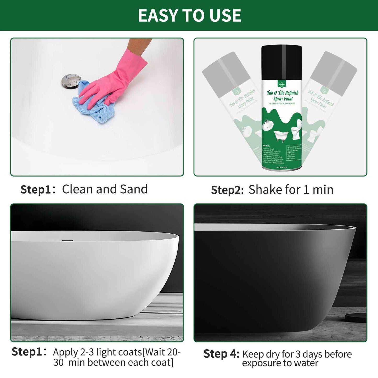 styleonme Tub and Tile Spray Paint Black, 450ml 1 pack, Diy Countertop Paint kit, Suitable for Ceramic, Porcelain, Fiberglass, Bathtub, Tile, Bathroom wall Repair Spray Paints