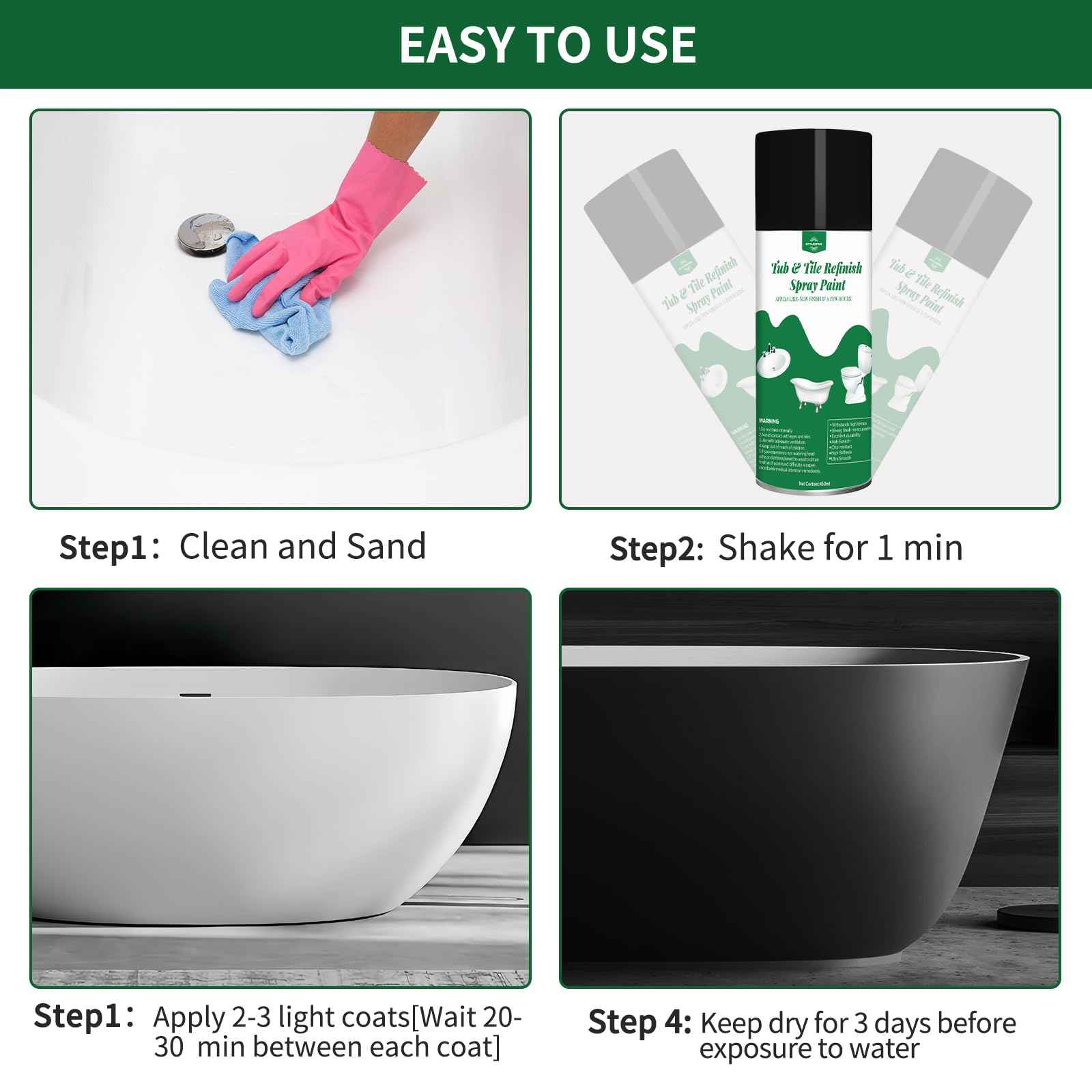 styleonme Tub and Tile Spray Paint Black, 450ml 1 pack, Diy Countertop Paint kit, Suitable for Ceramic, Porcelain, Fiberglass, Bathtub, Tile, Bathroom wall Repair Spray Paints