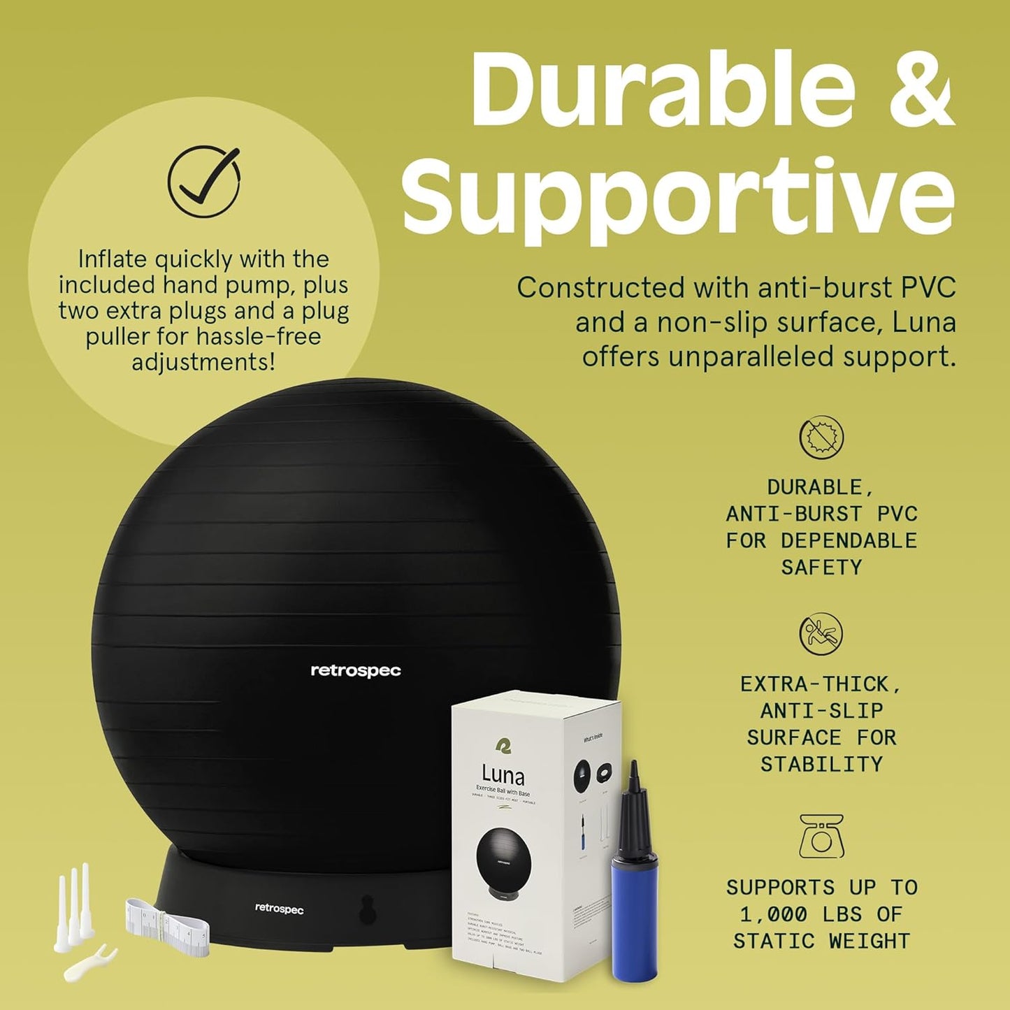 Retrospec Luna Exercise Ball - Anti-Burst Yoga & Core Training Equipment | Home Gym & Office Use