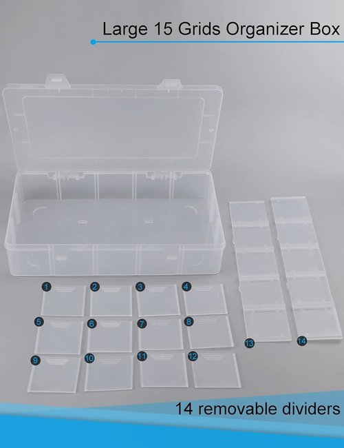 Hlotmeky Plastic Organizer Box - Clear Bead Organizer with 15 Large Grids for Snacks and Crafts