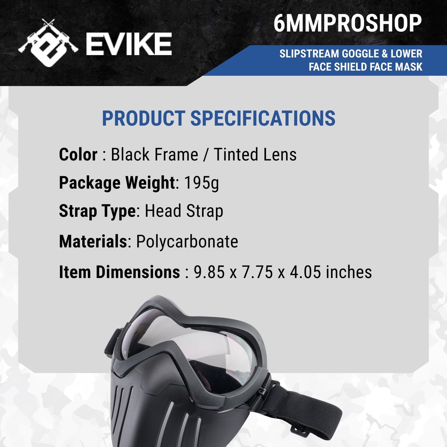 Evike Airsoft Airsoft - 6mmProShop - Slipstream - Goggle and Lower Face Shield Face Mask (Color: Black Frame/Tinted Lens)