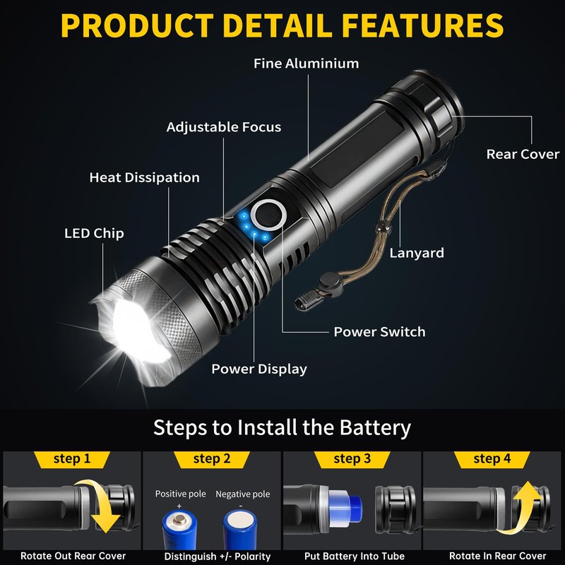 Rechargeable LED Flashlights High Lumens, Super Bright Handheld Flashlight Battery Powered with 5 Modes, Waterproof Powerful Zoomable Flash Light for Home, Camping，Emergencies, Outdoor, 2 Pack