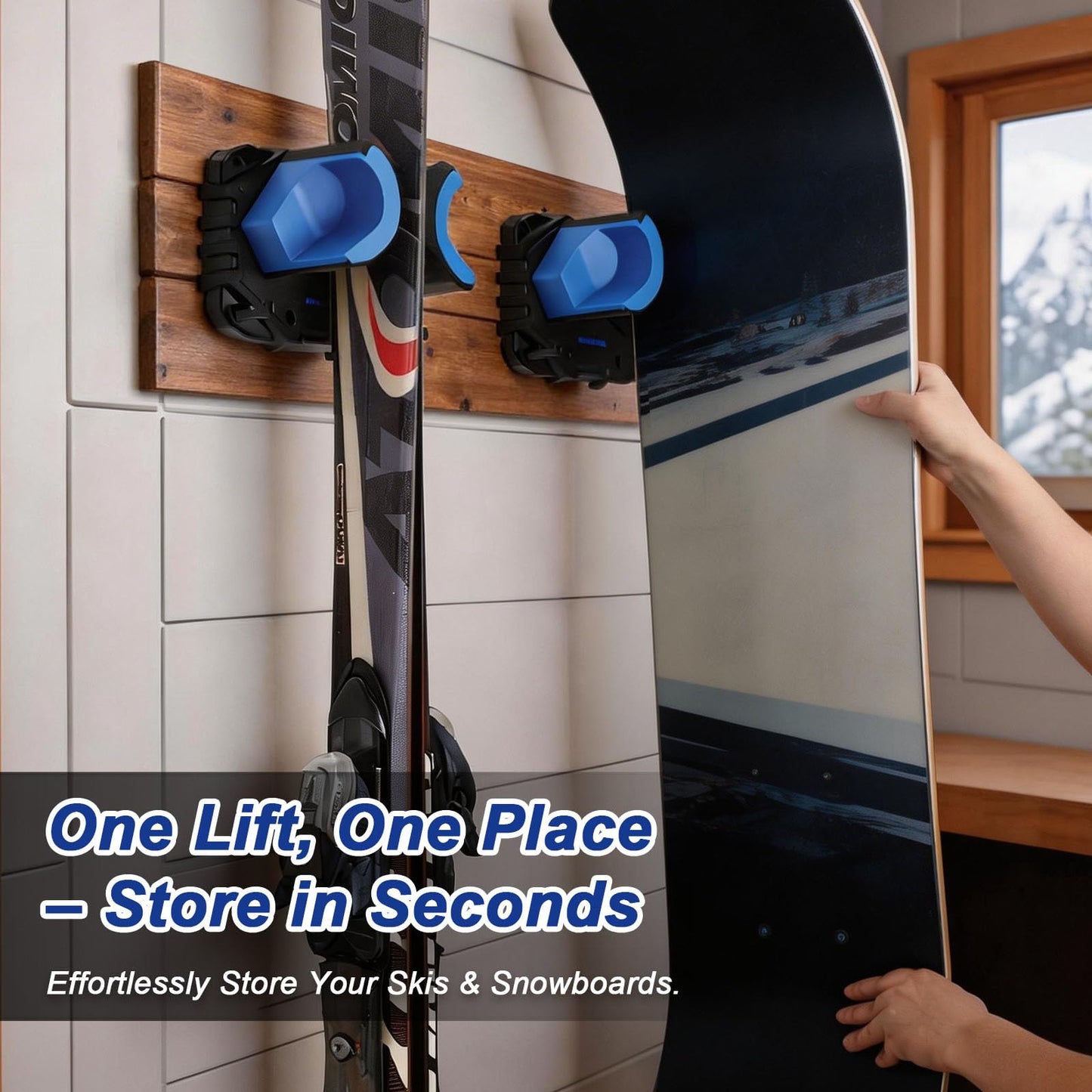 Ski & Snowboard Wall Mount, Fits Most Skis & Snowboards, Anti-Scratch & Non-Slip, Secure Hold Up to 25 lbs, Easy Install, Ski Holder with Pole Hooks, Space-Saving Garage Storage Ski Hanger, 2 Pack