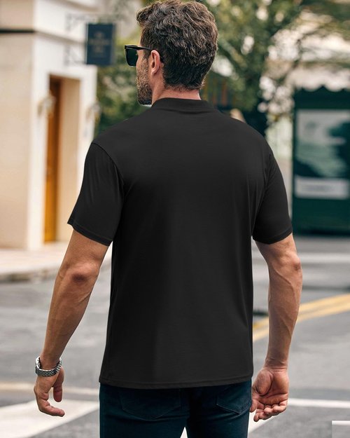 Wihion Mens Ribbed Mock Turtleneck T-Shirt Short Sleeve Solid T Shirts Thermal Underwear Tops Black