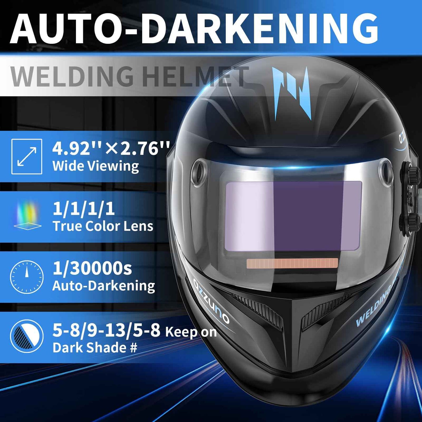 AZZUNO Auto Darkening Welding Helmet, 4.92"×2.76" True Color Large Viewing, Rechargeable & Solar Powered Welding Hood Mask with Unique Wide Shade Adjusting for TIG/MIG/Stick Weld/Cut/Grind