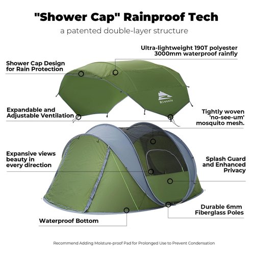 4 Person Easy Pop Up Tent, Automatic Setup, Waterproof, 2 Doors-Instant Family Tents for Camping, Hiking & Traveling, 9.5’X6.6’X52''