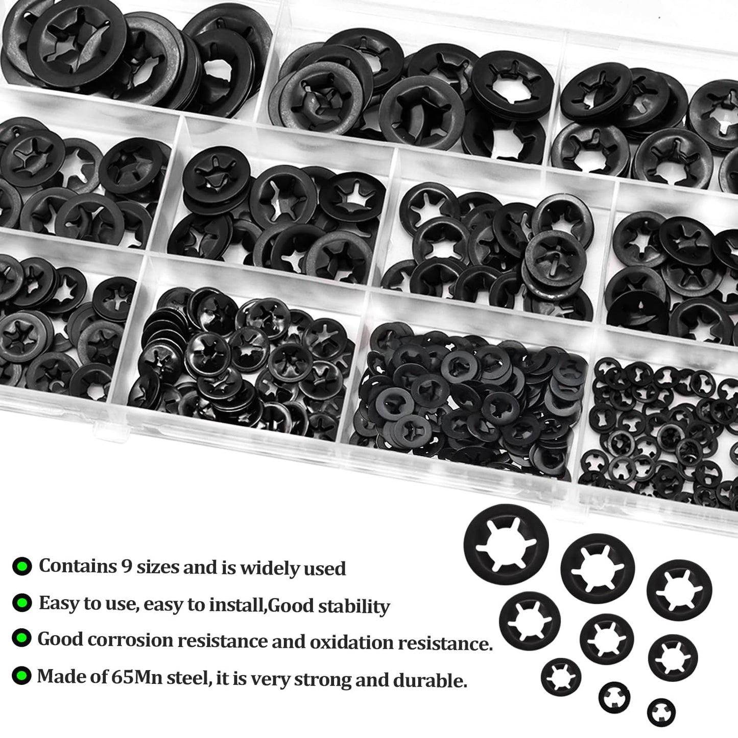 Ruibapa 360 PCS Internal Tooth Star Lock Washers 9 Sizes Push On Locking Washers Speed Clips Fasteners Assortment Kit