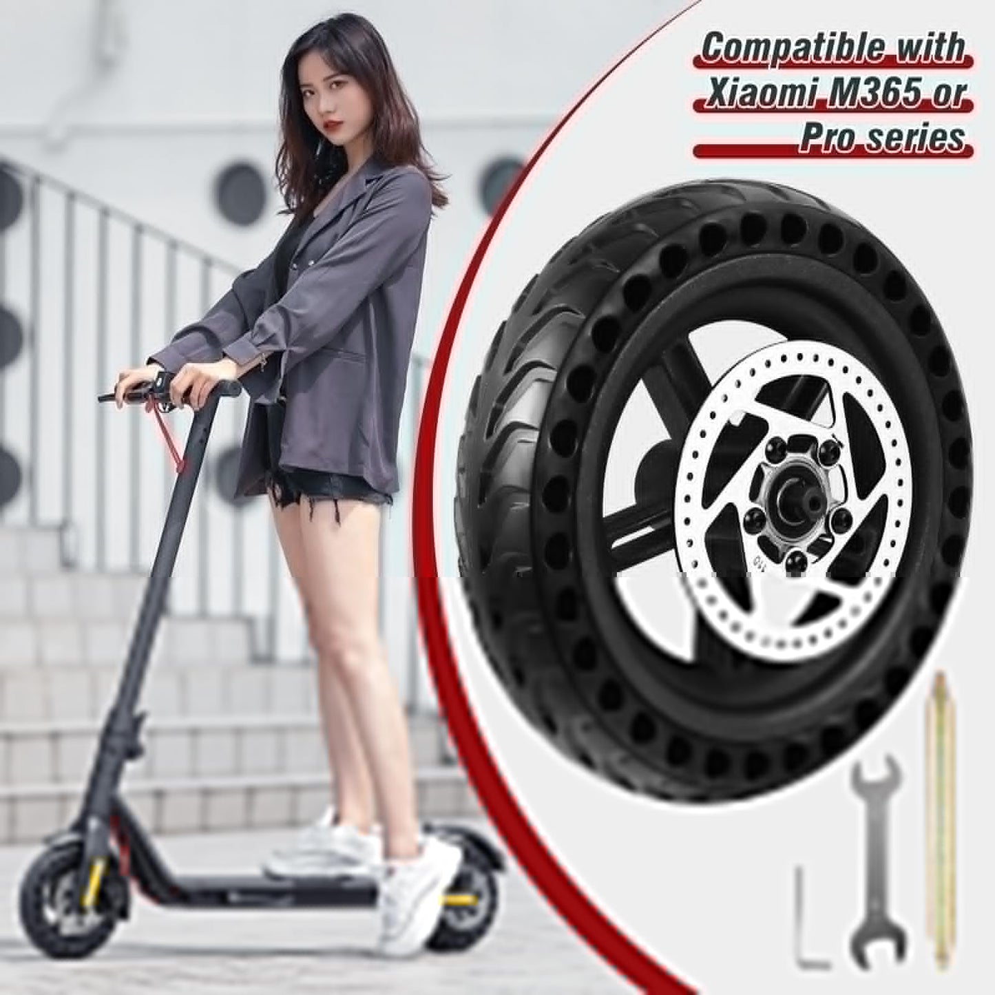 DTNESS 8.5 Inches Scooter Wheel Hub Tyre, Electric Scooter Wheels Replacement Tire, Honeycomb Solid Rear Tire with Disc Brake and 3 Installation Tools, for Mijia M365 Xiaomi/1S