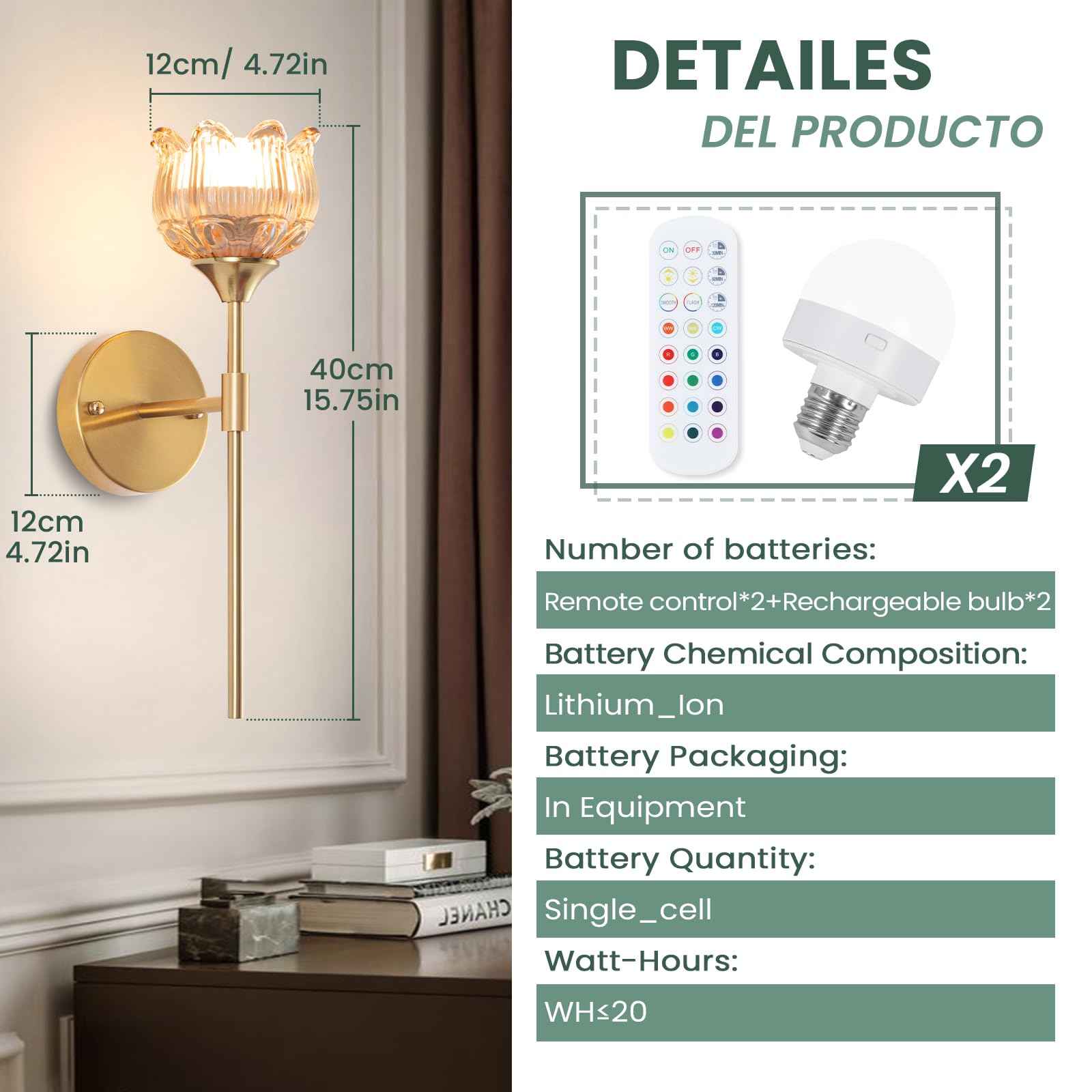 Rnzziw Battery Operated Wall Sconces Set of 2, Wireless Wall Sconce with USB, Rechargeable LED Light Bulbs 12 Colors Industrial Brushed Brass Wall Lamp for Bedroom Living Room, Bulbs Included (Amber)