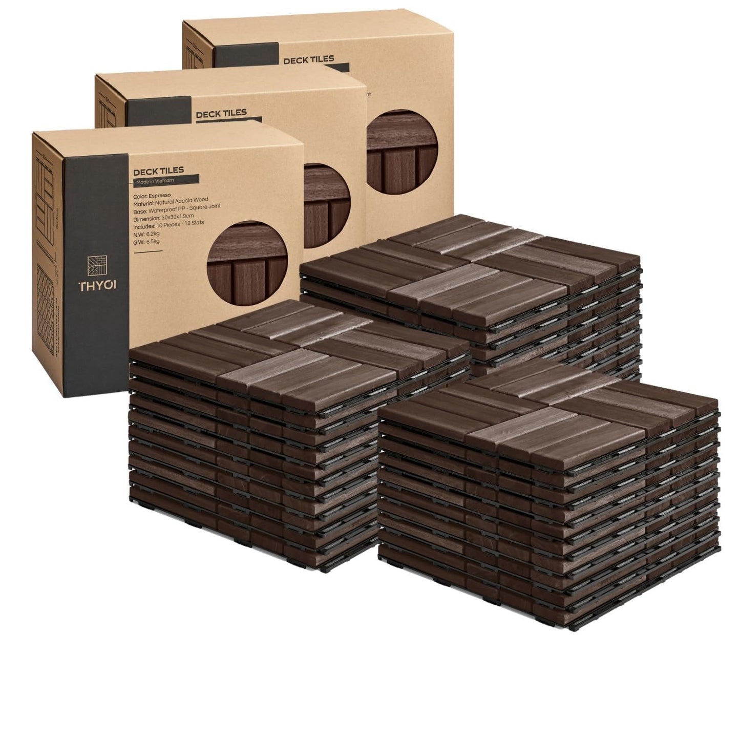 Outdoor Waterproof Acacia Wood Deck Tiles - 10 Pcs Patio Flooring for All Weather Use